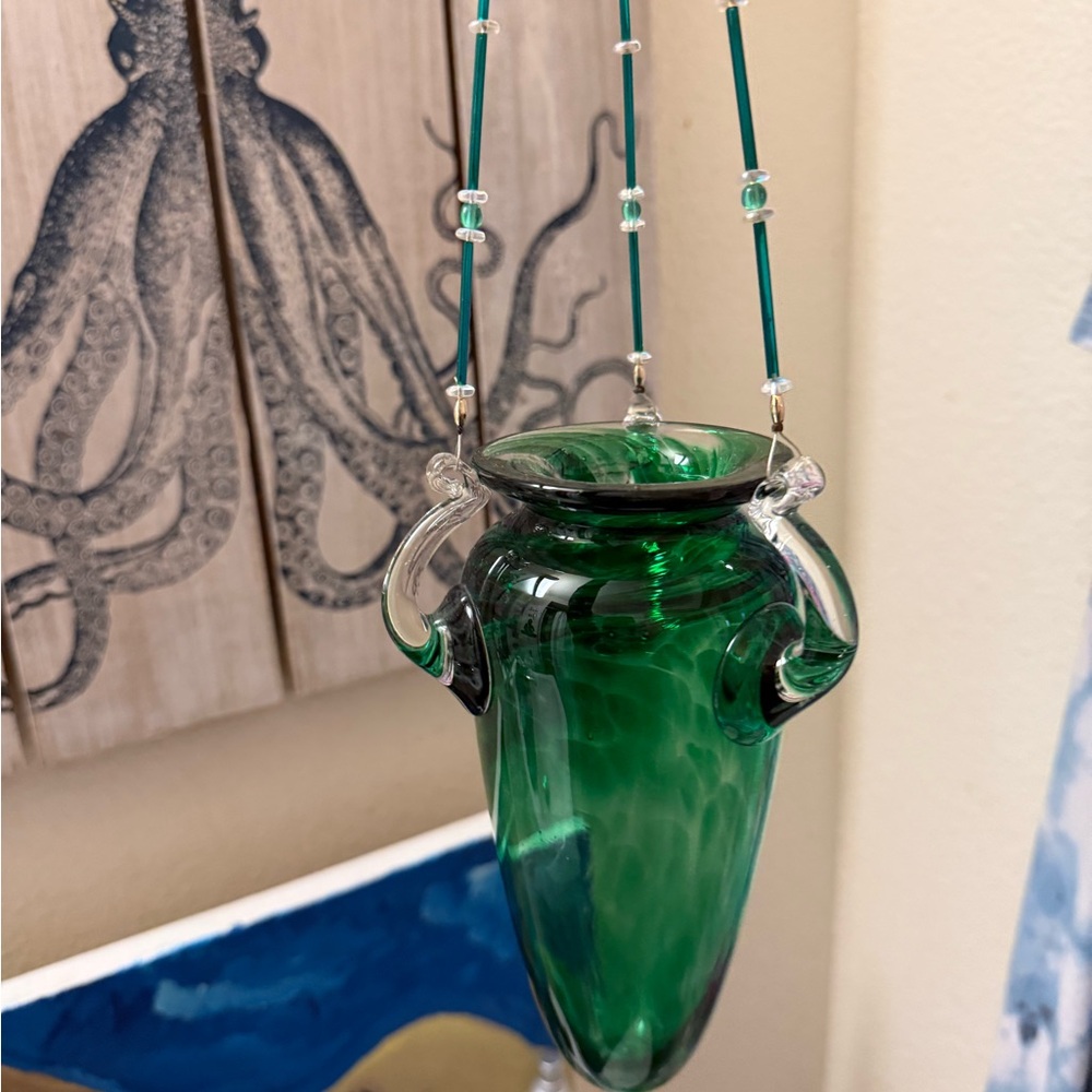 Artisan Emerald Glass Hanging Vase